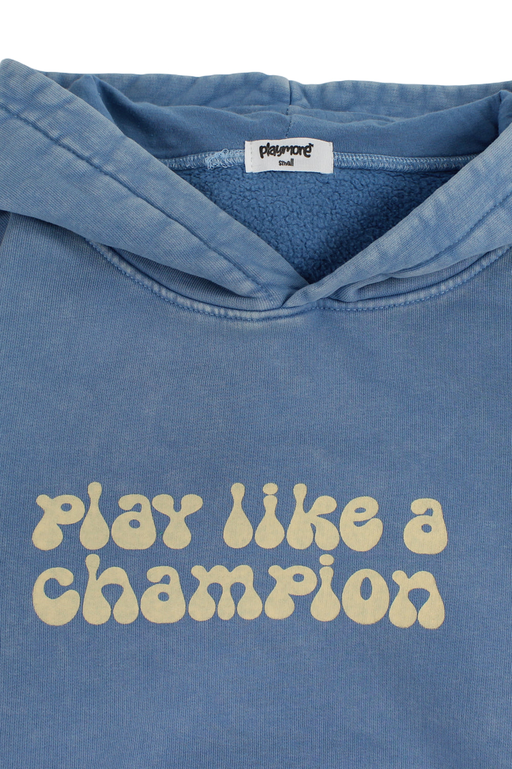 teens cotton hoodie – baby blue with "play like a champion" design