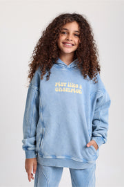 unisex cotton hoodie – baby blue with "play like a champion" print
