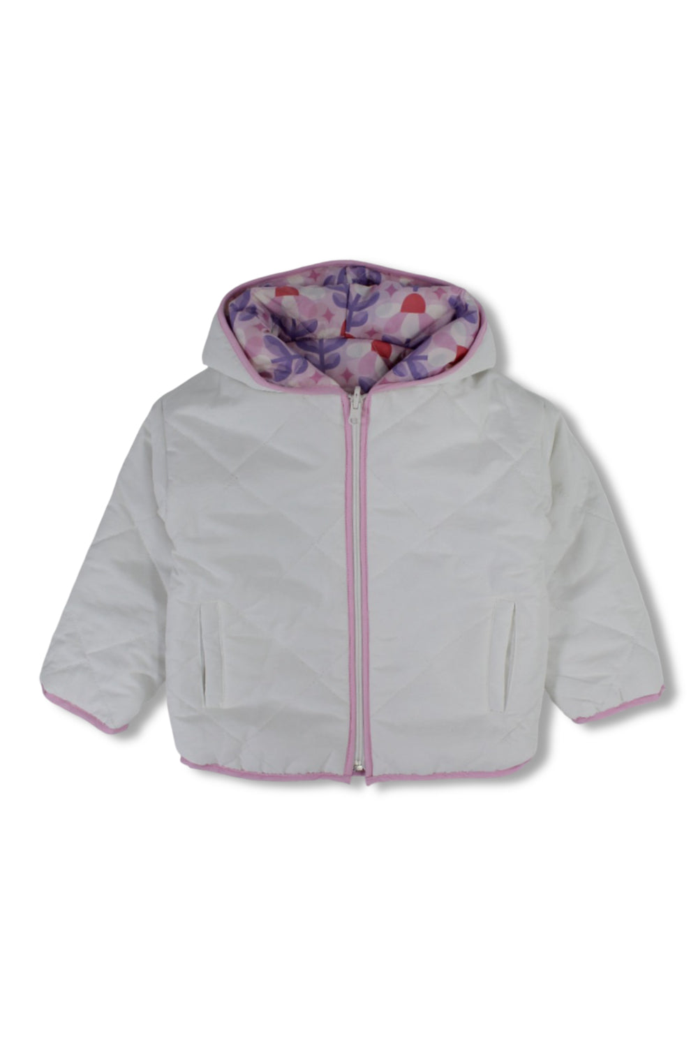 girls waterproof reversible quilted jacket –off white & pink floral