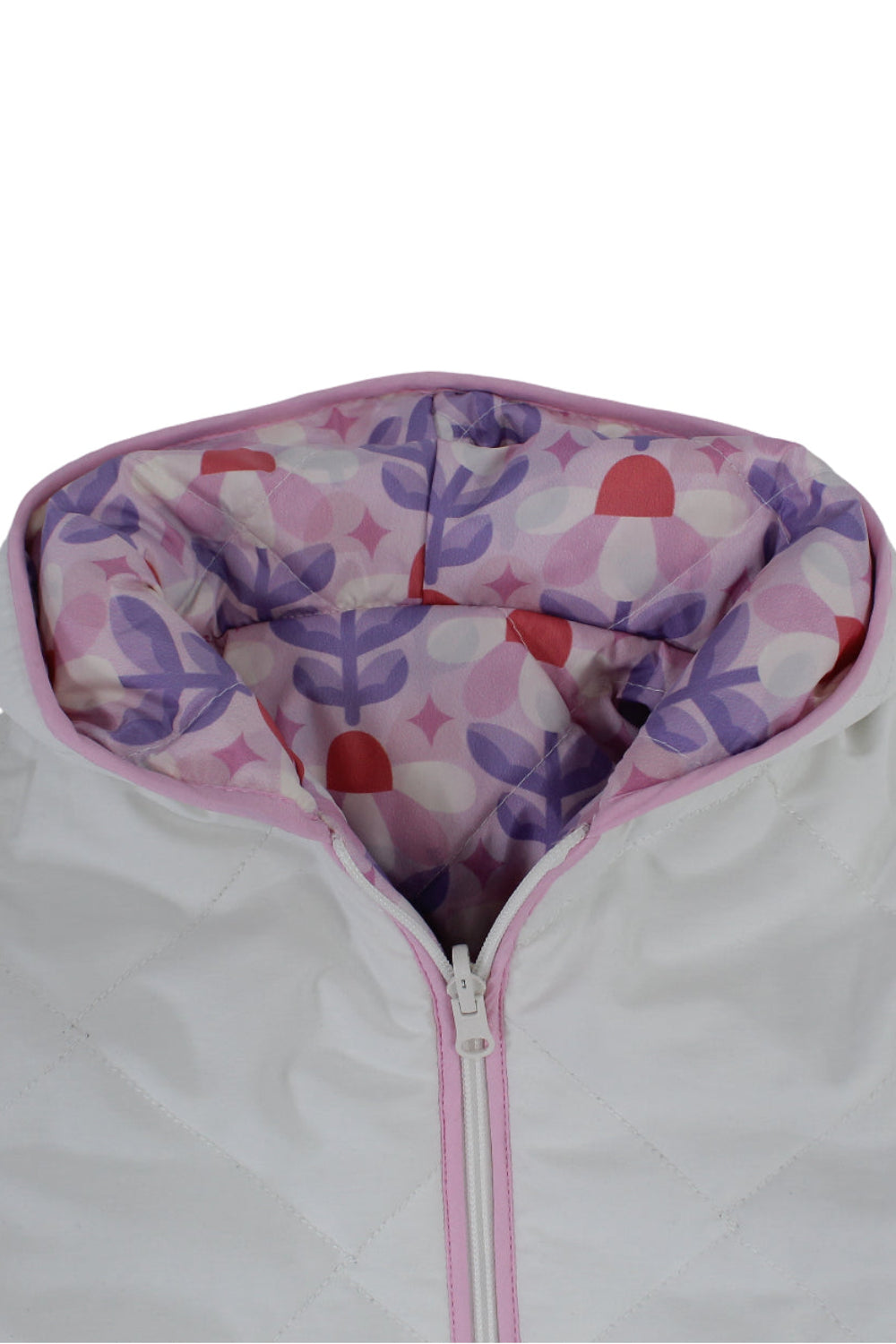 girls waterproof reversible quilted jacket –off white & pink floral