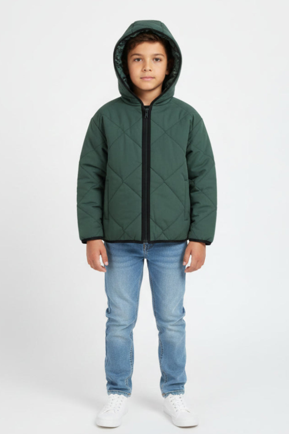 boys waterproof double face jacket - dark green with dino print