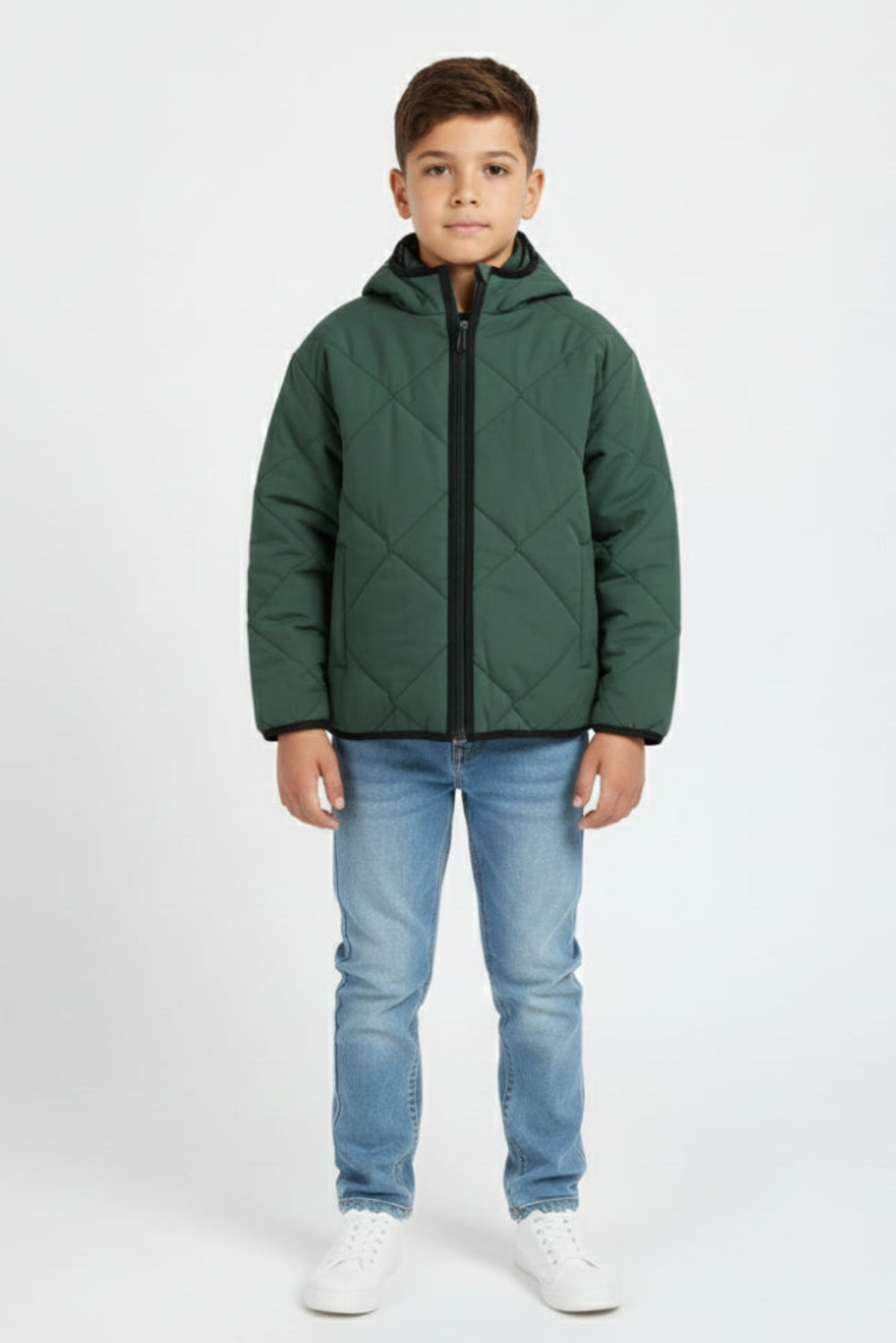 boys waterproof double face jacket - dark green with dino print