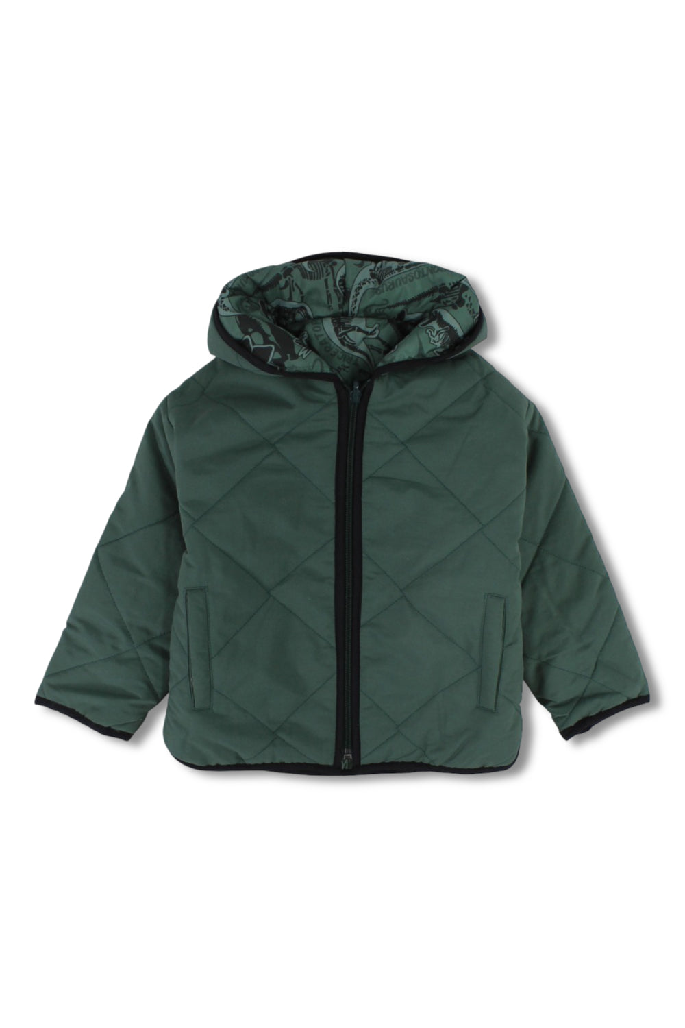 boys waterproof double face jacket - dark green with dino print
