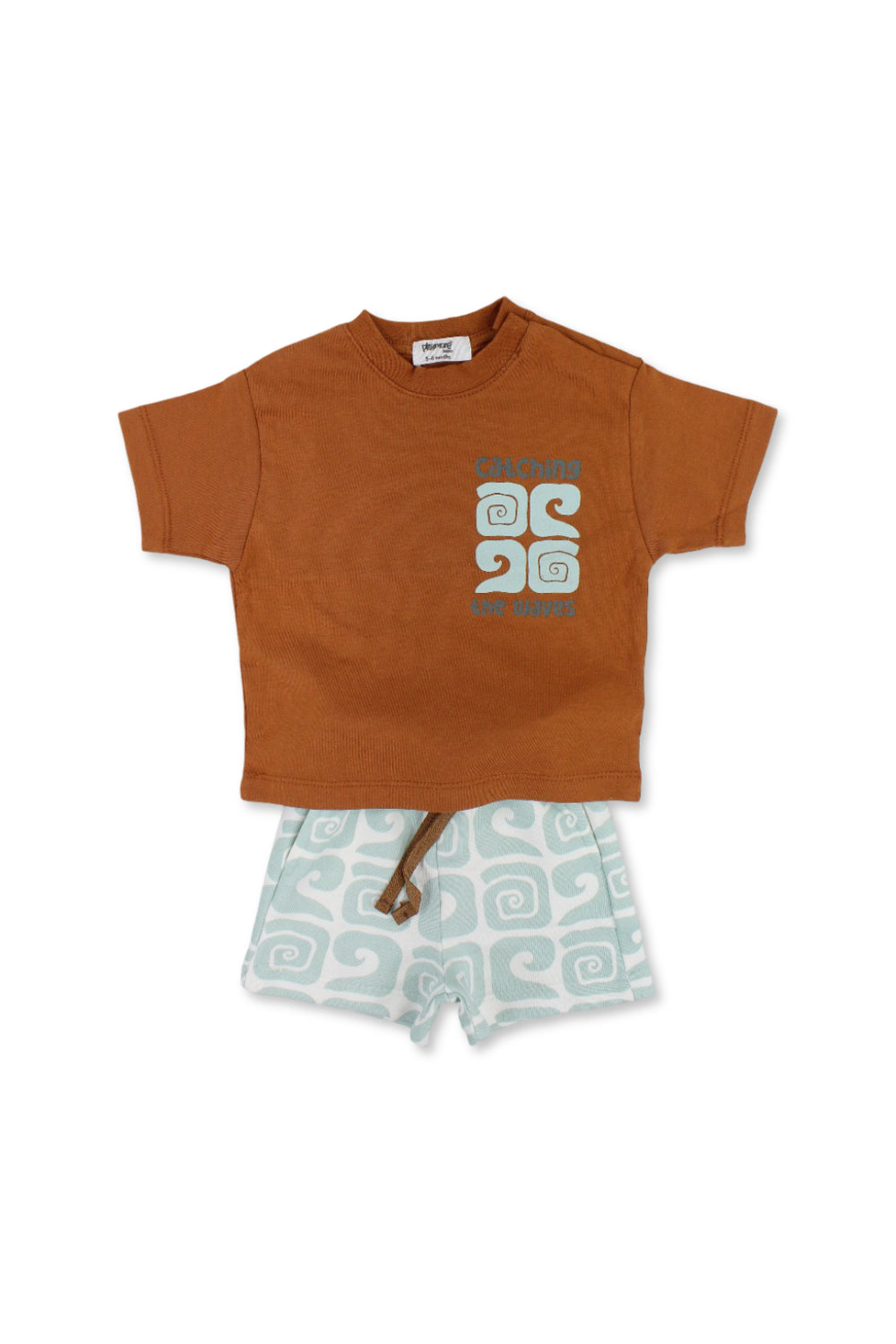 baby boys cotton outfit set – brown & mint with "catching the waves" print