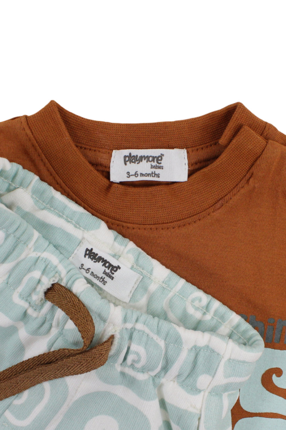 baby boys cotton outfit set – brown & mint with "catching the waves" print