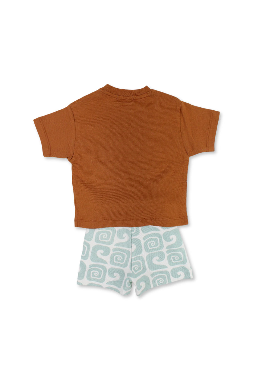 baby boys cotton outfit set – brown & mint with "catching the waves" print