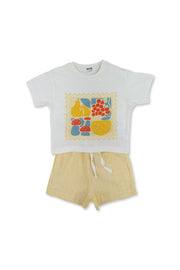 unisex baby cotton outfit set – off-white & yellow printed
