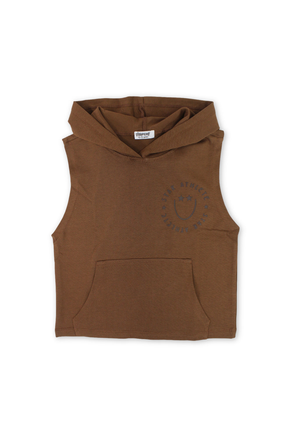 boys cotton hooded sleeveless t-shirt – brown with "star athlete" print