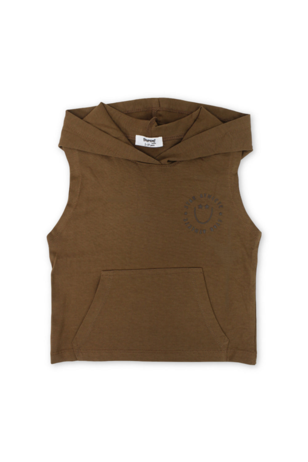 baby boys cotton hooded sleeveless t-shirt – brown with "star athlete" print