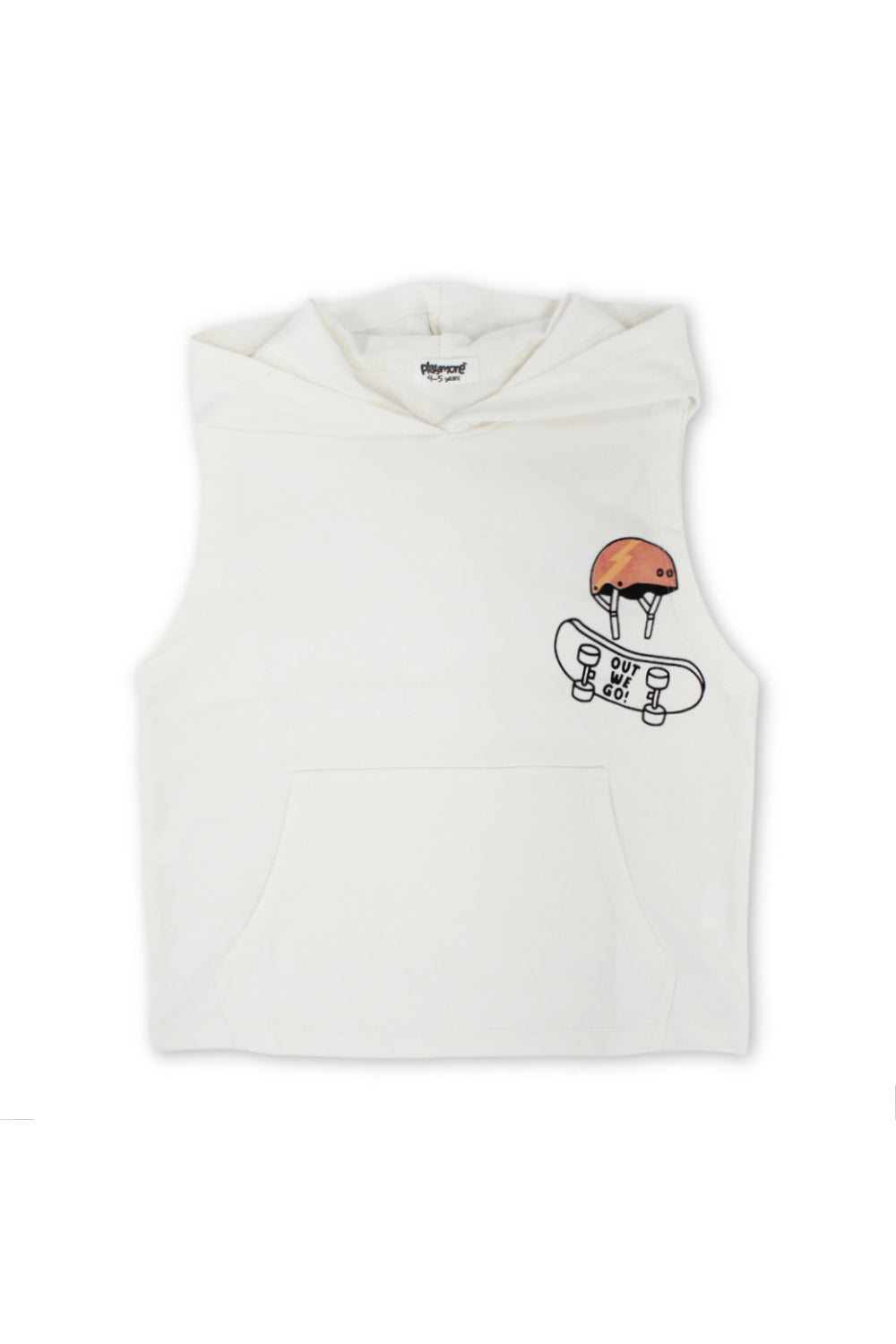 boys cotton hooded sleeveless t-shirt – off-white with "out we go" print