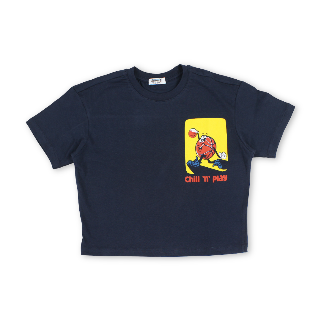 Boys Cotton T-Shirt – Navy with "Chill in Play" Print