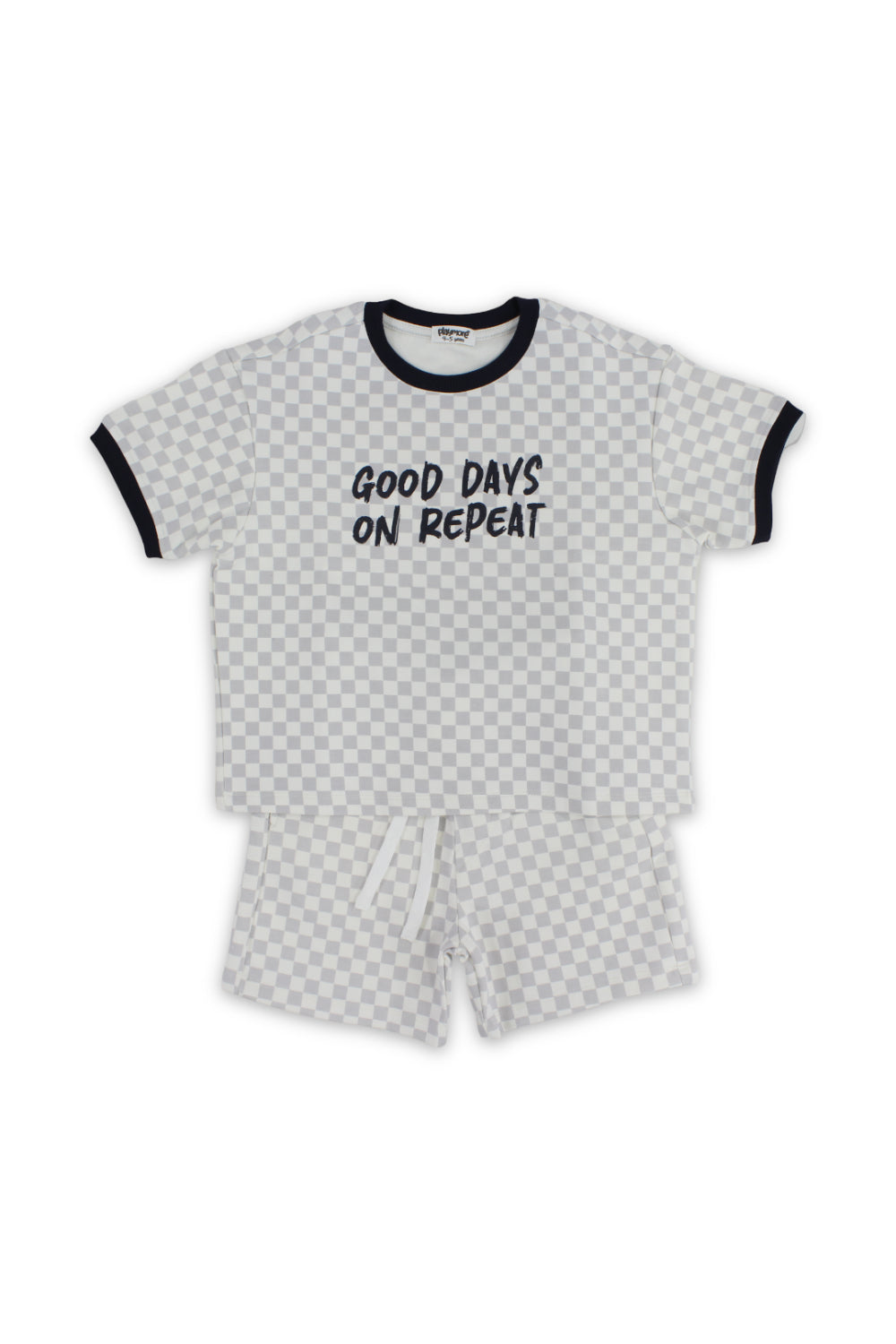 boys cotton outfit set – off-white & grey with "good days no repeat" print