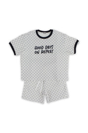 boys cotton outfit set – off-white & grey with "good days no repeat" print