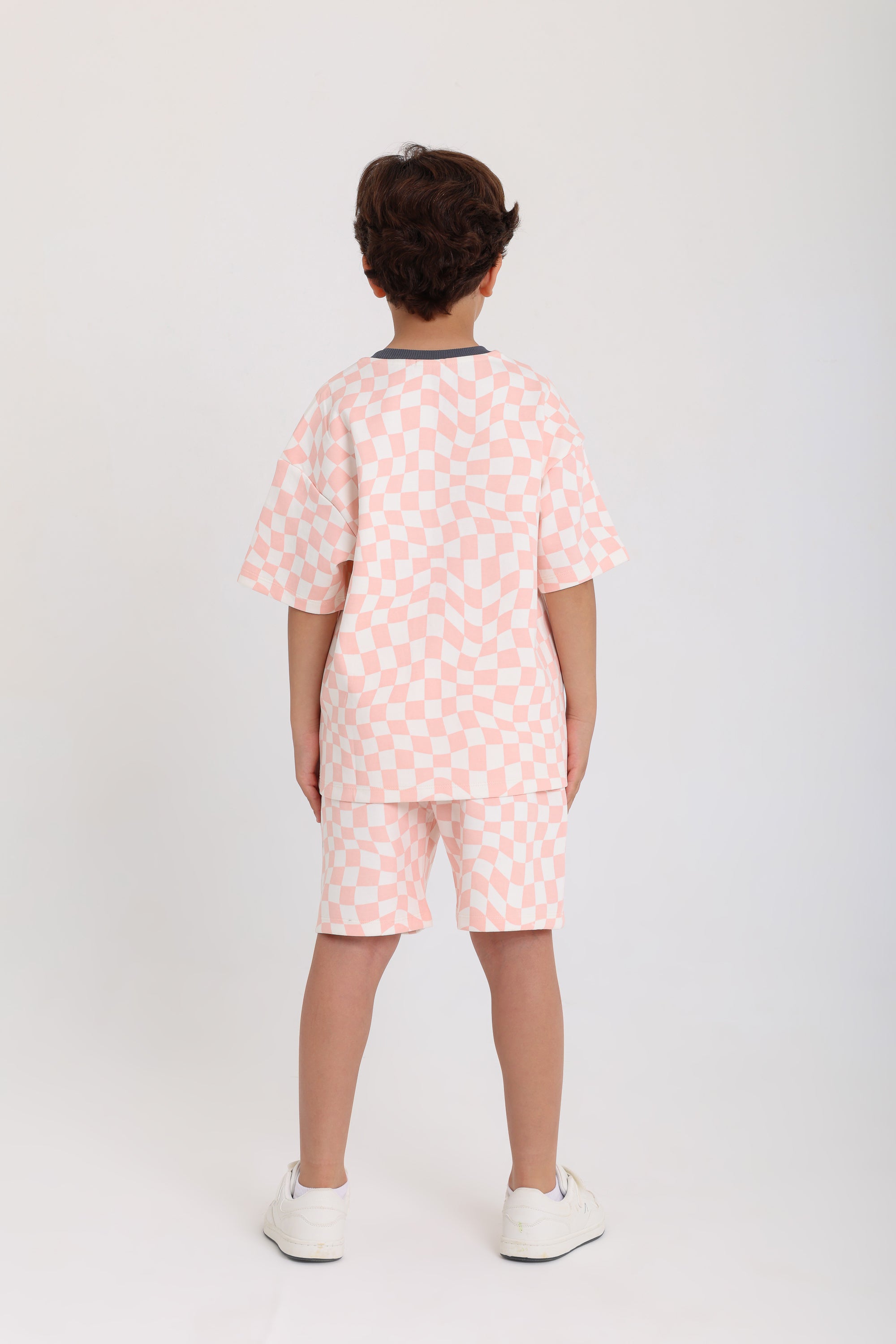 boys cotton outfit set – off-white & salmon with "play the day away" embroidery