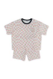 boys cotton outfit set – off-white & salmon with "play the day away" embroidery