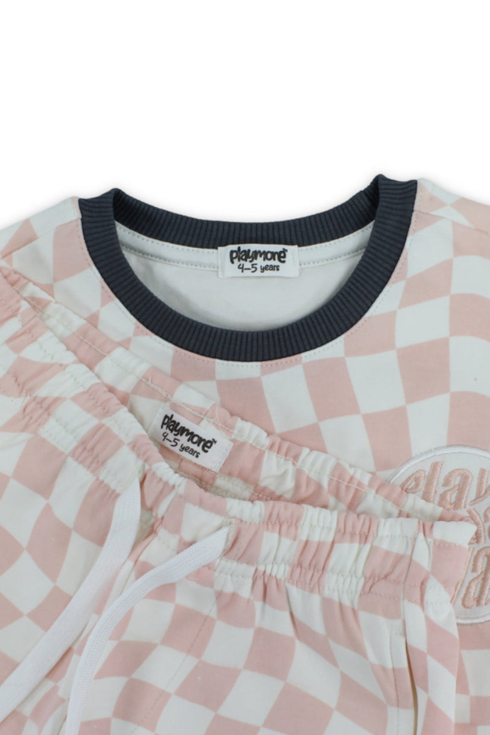 boys cotton outfit set – off-white & salmon with "play the day away" embroidery