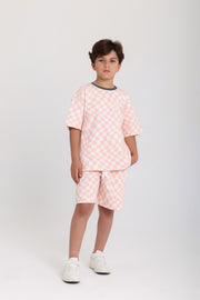 boys cotton outfit set – off-white & salmon with "play the day away" embroidery
