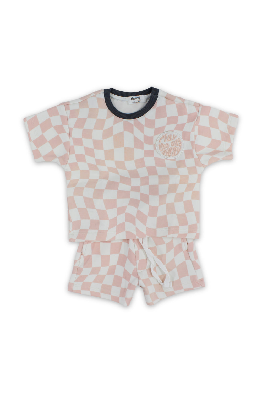 baby boys cotton outfit set – off-white & salmon with "play the day away" embroidery