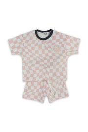 baby boys cotton outfit set – off-white & salmon with "play the day away" embroidery