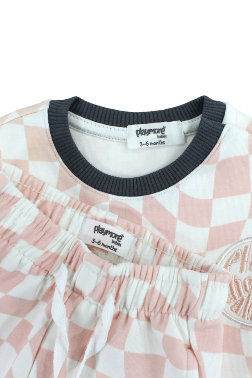 baby boys cotton outfit set – off-white & salmon with "play the day away" embroidery