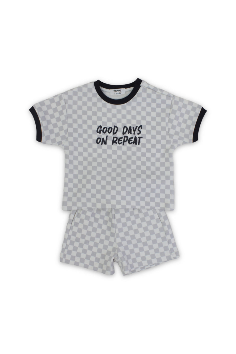 baby boys cotton outfit set – off-white & grey with "good days no Rrepeat" print