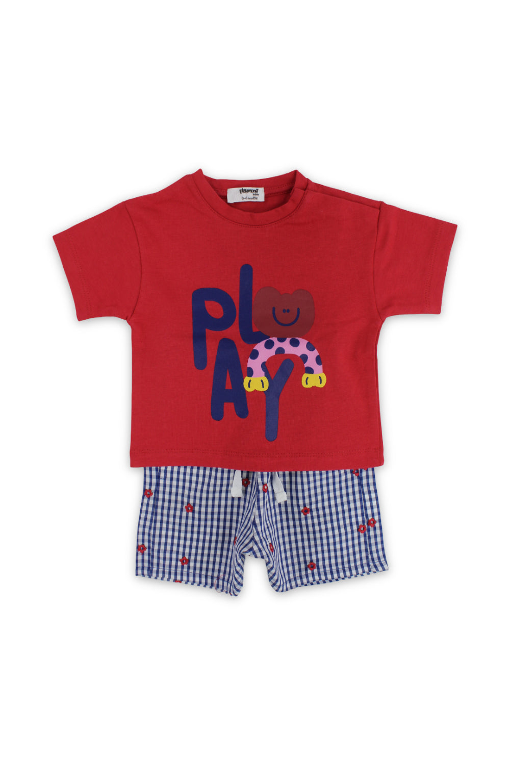 baby girls cotton outfit set – red & navy with "play" print