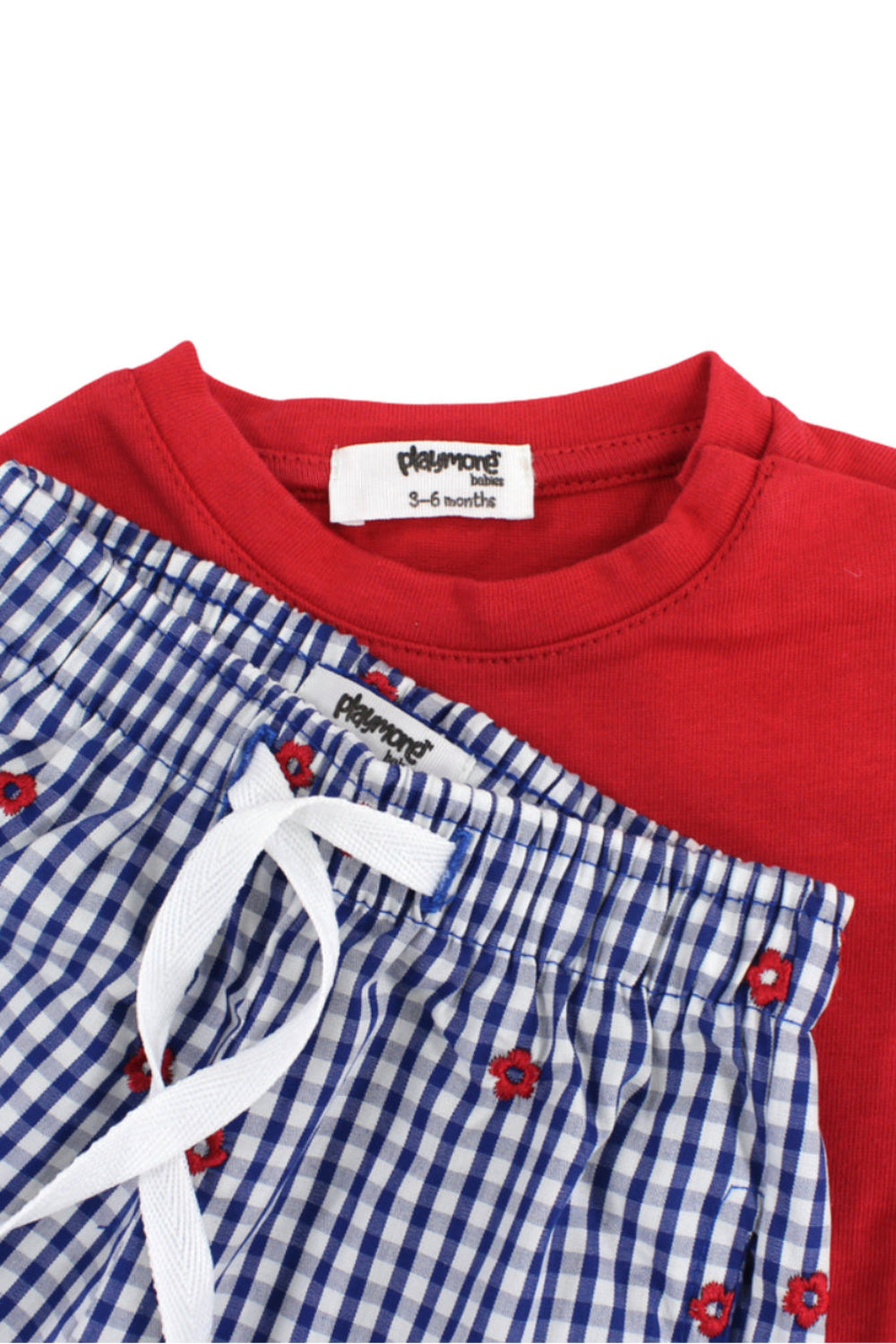 baby girls cotton outfit set – red & navy with "play" print