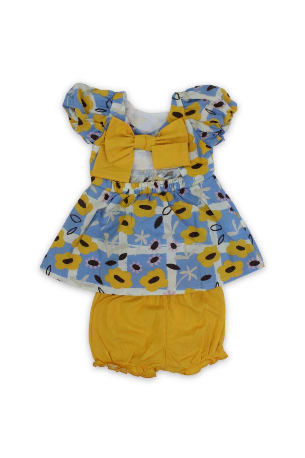 baby girls cotton sleeveless dress – baby blue & yellow with flowers print