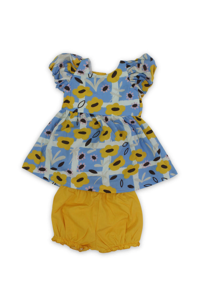 baby girls cotton sleeveless dress – baby blue & yellow with flowers print