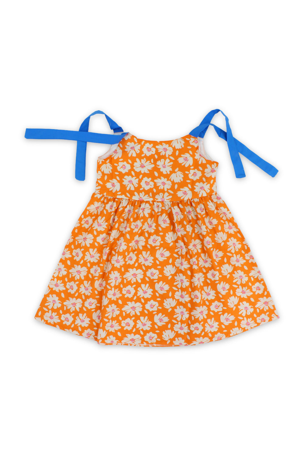 girls cotton dress – orange with flowers print