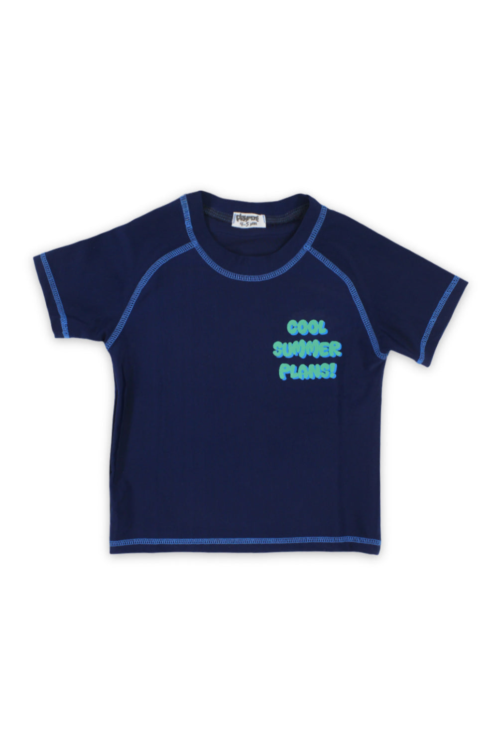 boys short sleeve rash guard – navy with "cool summer plans!" print