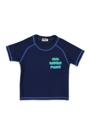 boys short sleeve rash guard – navy with "cool summer plans!" print