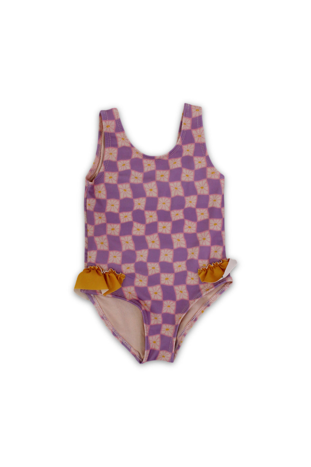 baby girls one-piece swimsuit – dusty pink & purple karuh print