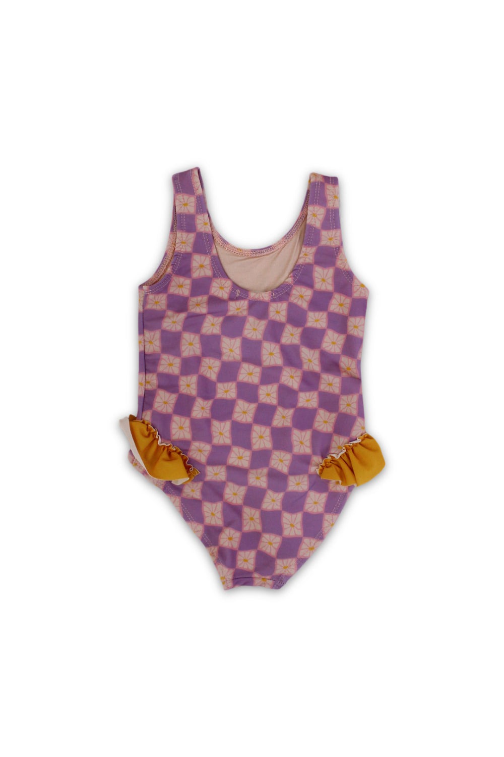 baby girls one-piece swimsuit – dusty pink & purple karuh print
