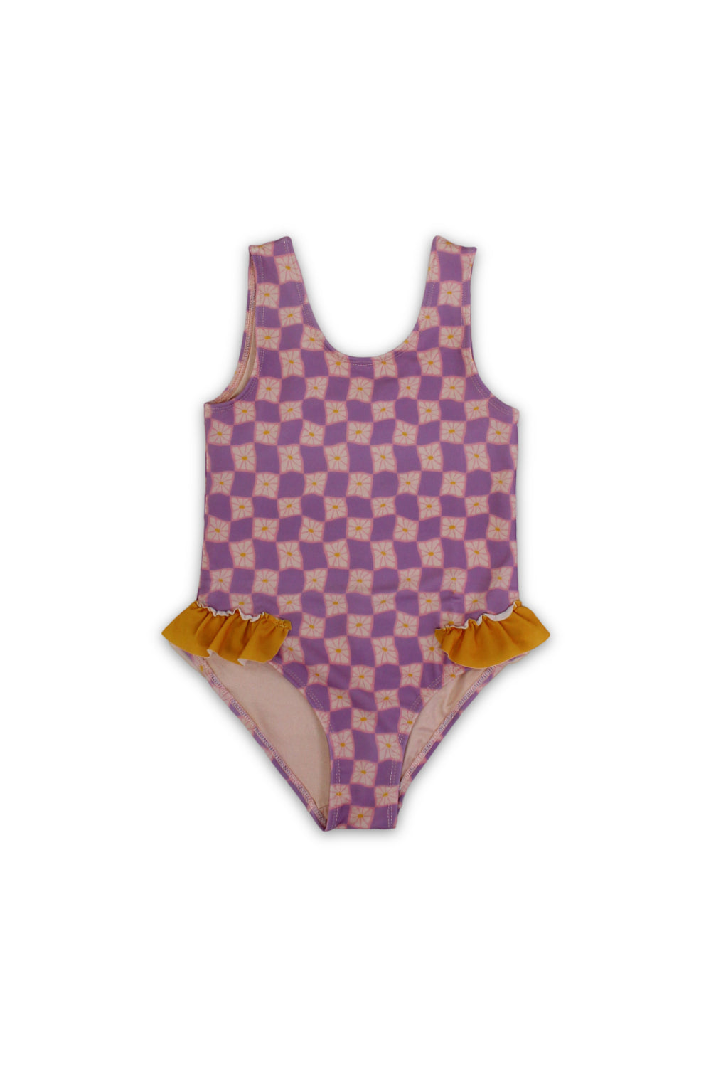 girls one-piece swimsuit – dusty pink & purple karuh Print