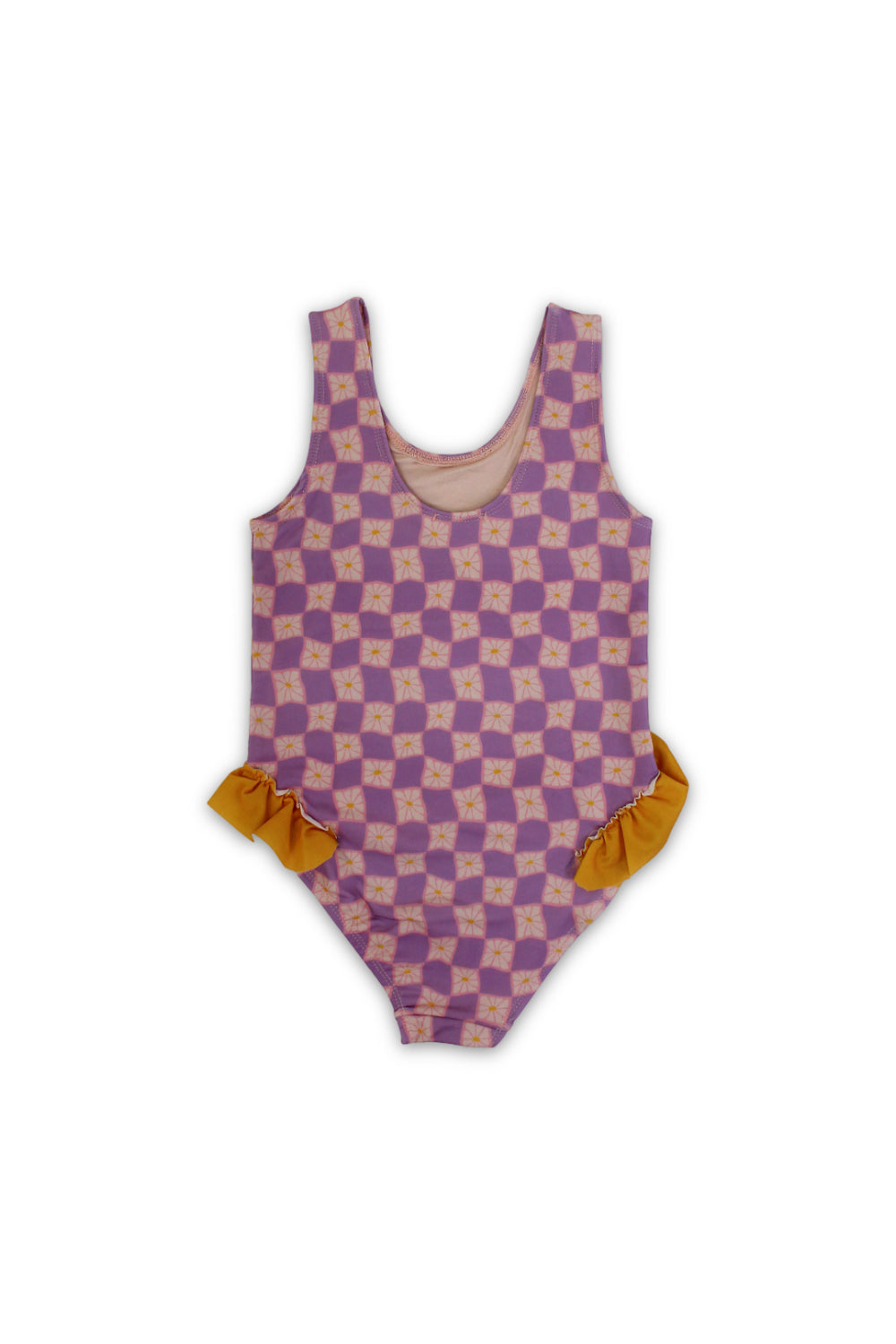 girls one-piece swimsuit – dusty pink & purple karuh Print