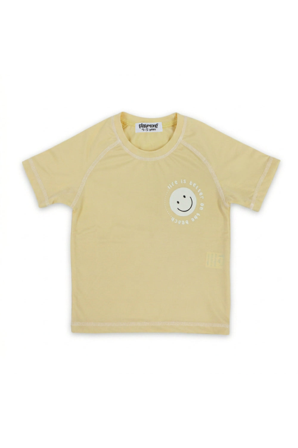 boys short sleeve rash guard – beige with "life is better on the beach" print
