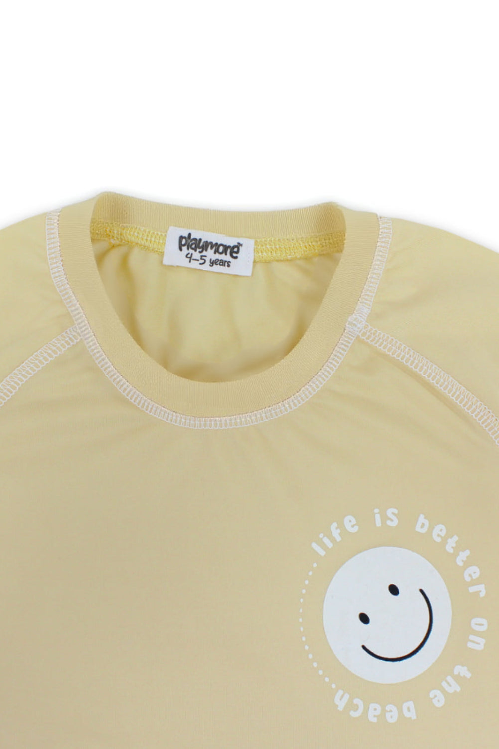 boys short sleeve rash guard – beige with "life is better on the beach" print