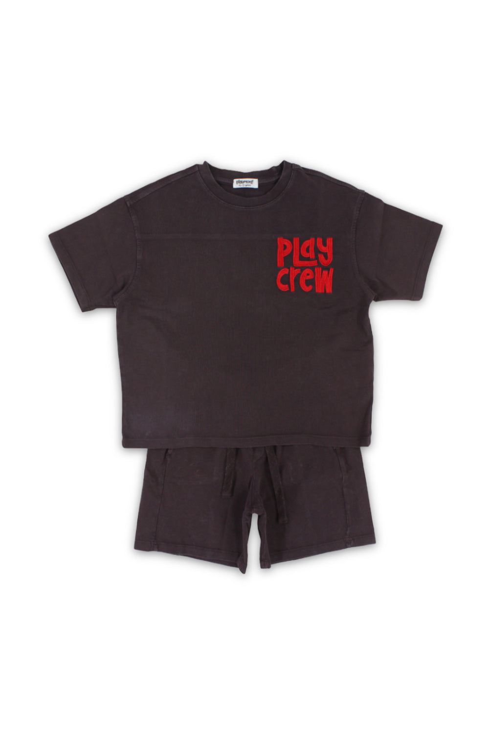 boys cotton outfit set – brown with "play crew" embroidery
