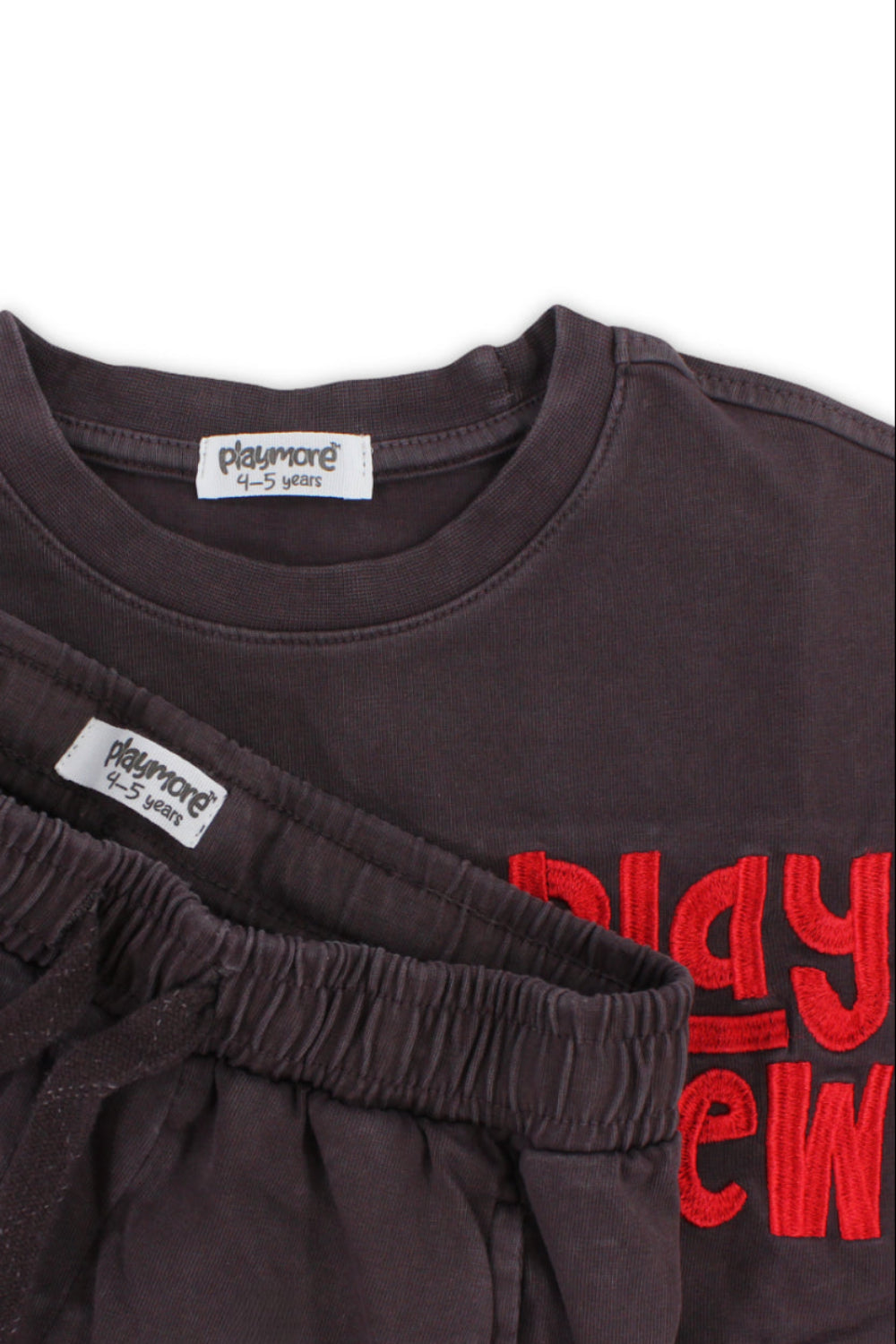 boys cotton outfit set – brown with "play crew" embroidery