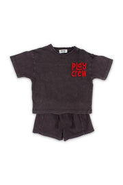 baby boys cotton outfit set – brown with "play crew" embroidery