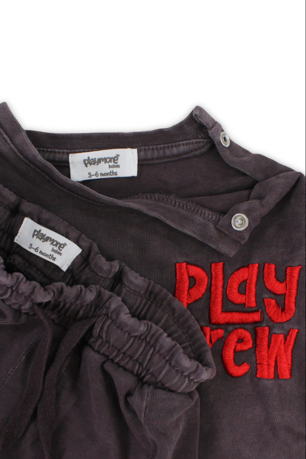 baby boys cotton outfit set – brown with "play crew" embroidery