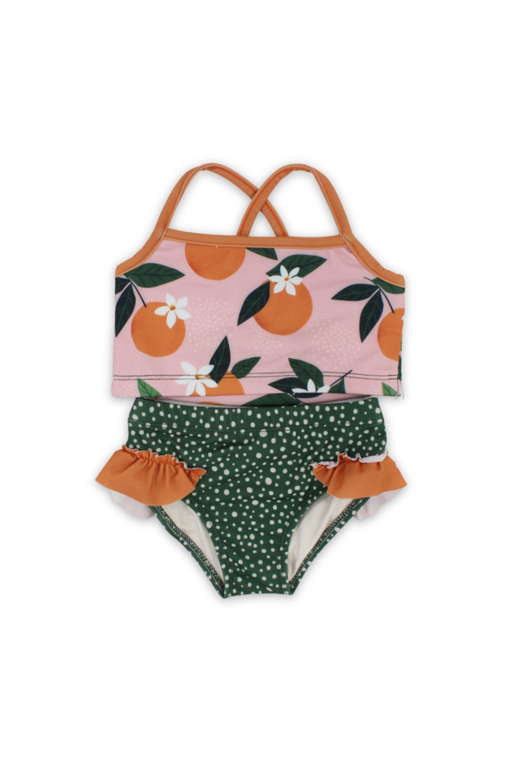 baby girls 2-piece swimsuit – dusty pink & olive – orange print