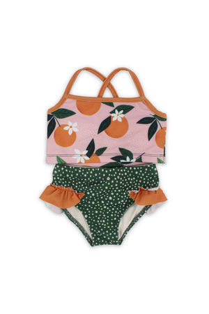 baby girls 2-piece swimsuit – dusty pink & olive – orange print