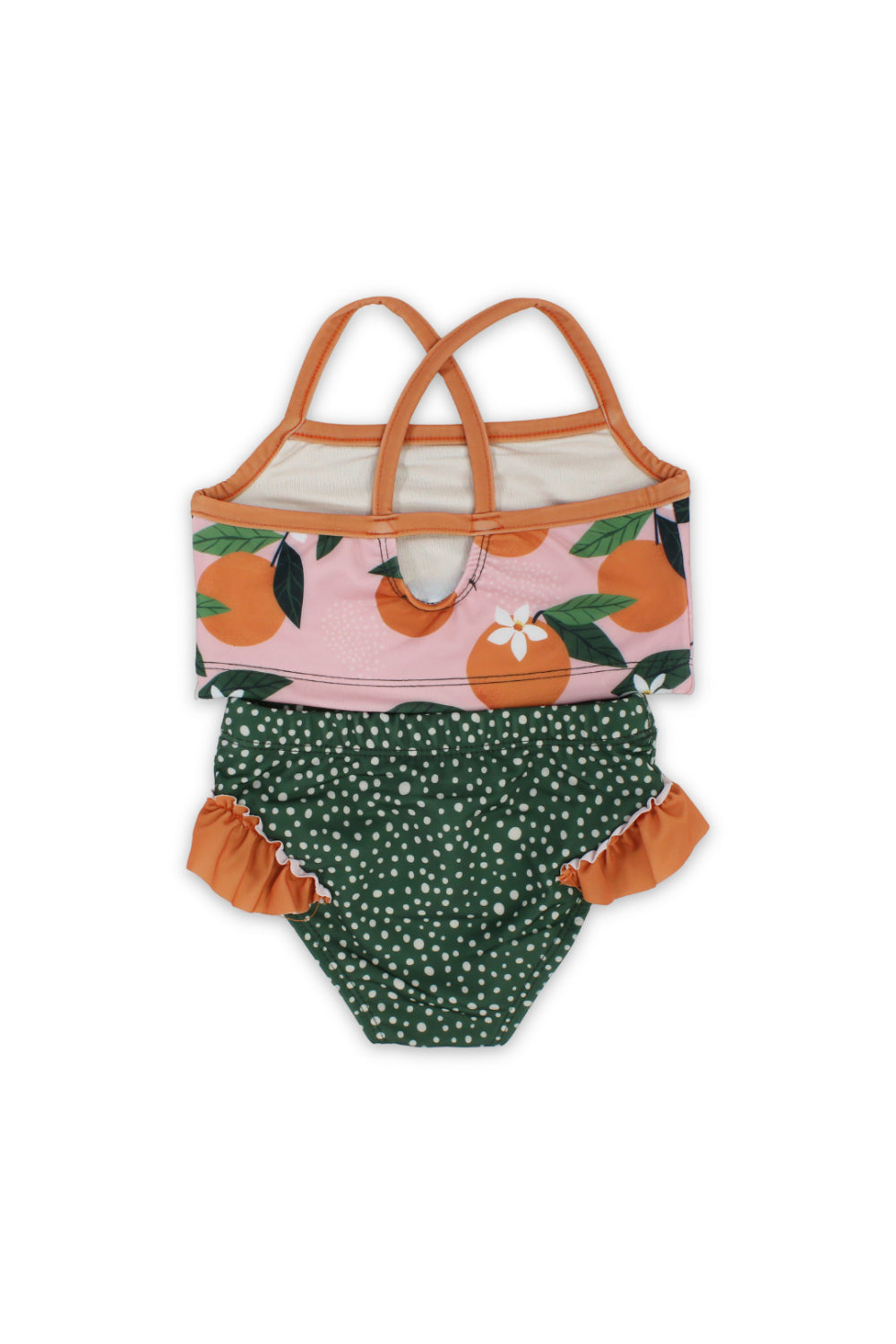 baby girls 2-piece swimsuit – dusty pink & olive – orange print