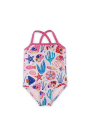baby girls one-piece swimsuit – pink with sea creatures print