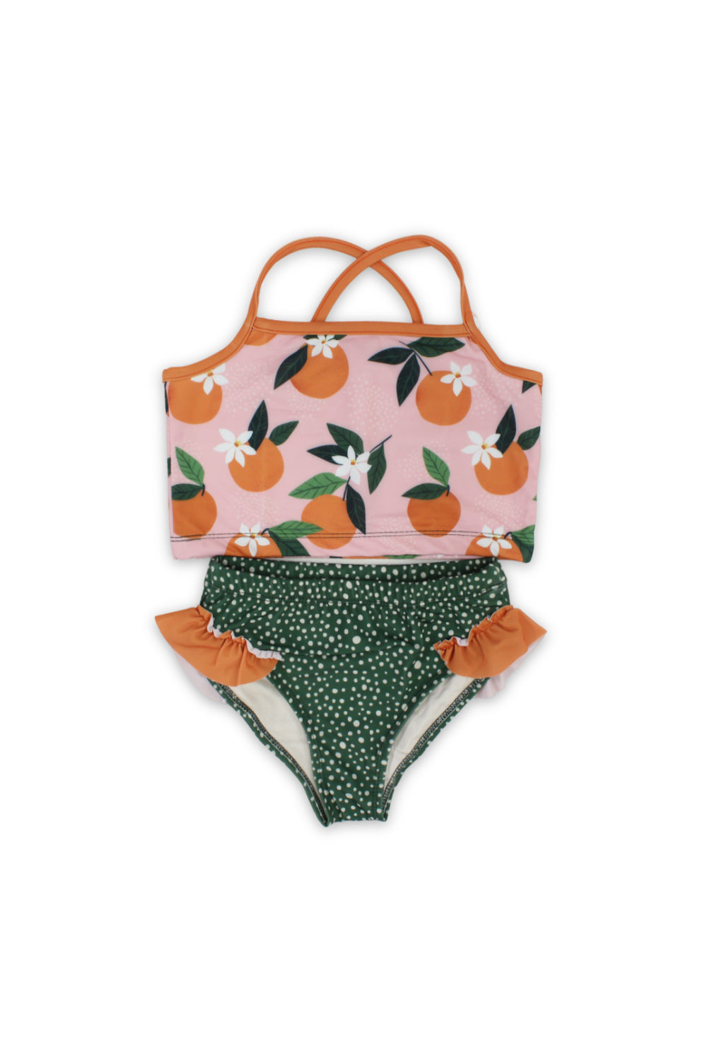 girls 2-piece swimsuit – dusty pink & olive – orange print