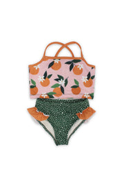 girls 2-piece swimsuit – dusty pink & olive – orange print
