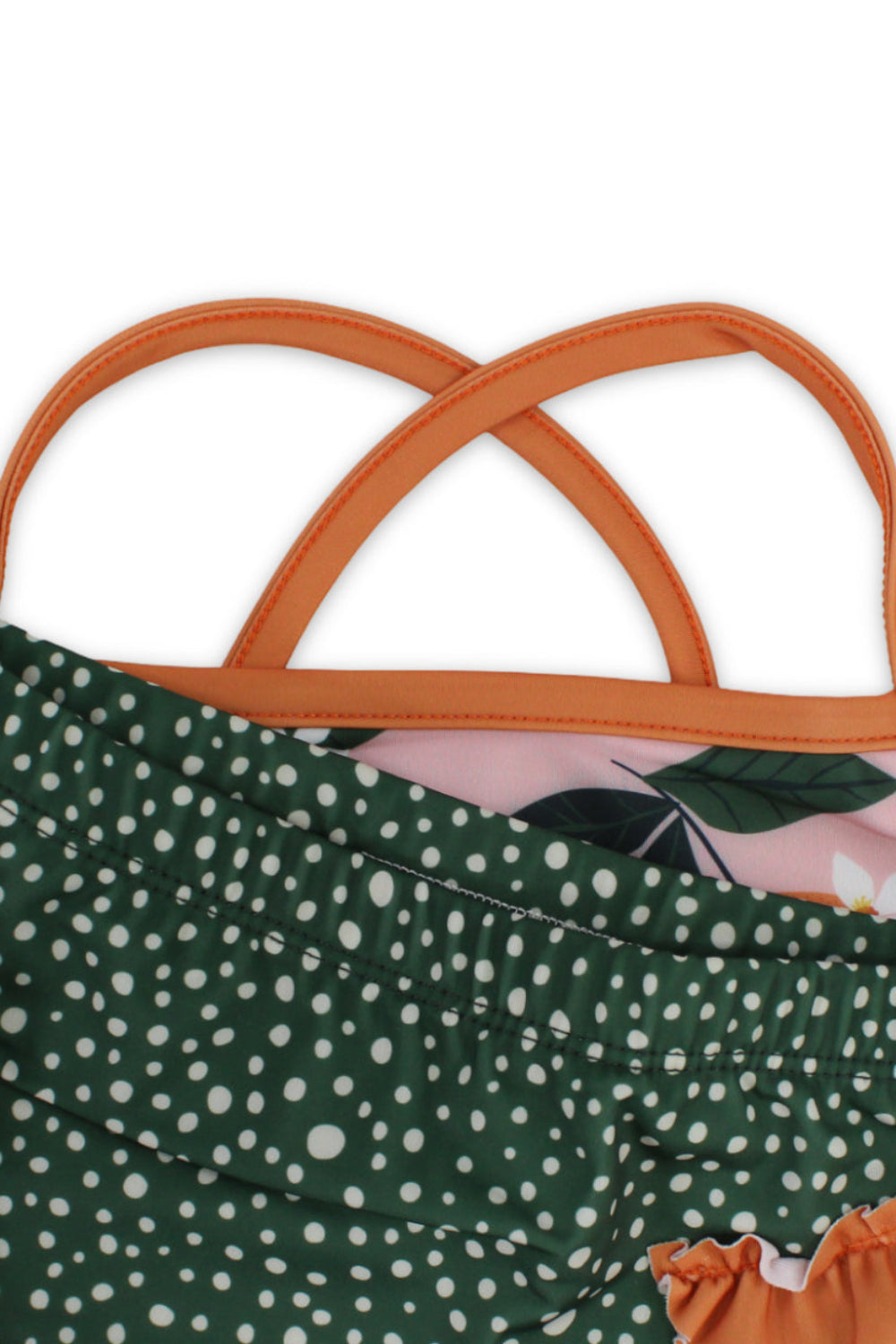 girls 2-piece swimsuit – dusty pink & olive – orange print