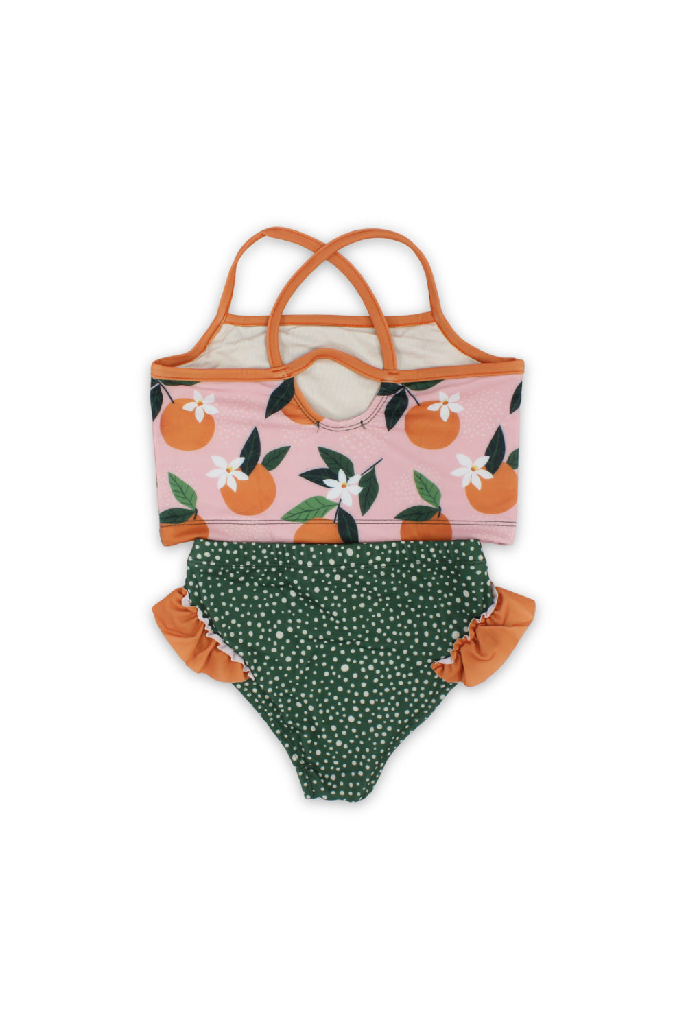 girls 2-piece swimsuit – dusty pink & olive – orange print